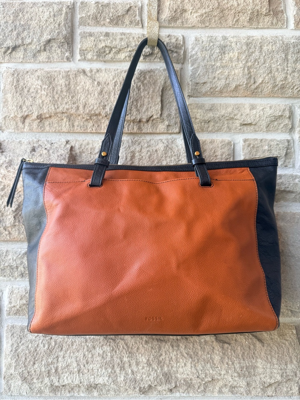 Fossil Two-Tone Genuine Leather Tote - Cognac and Black Trim